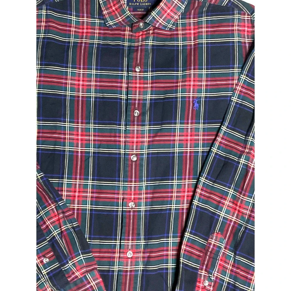 Polo Ralph Lauren men's tartan plaid button shirt slim fit cotton red blue Large